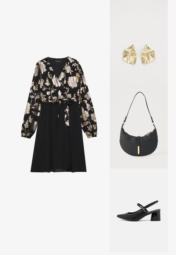 Schwarzes Kleid mit langen Ärmeln, das mit goldener und silberner floralem Stickerei auf der Oberseite verziert ist. Mit einem glatten Stoffrock, der an der Taille gebunden ist.; Schwarze Lackleder-Slingback-Absätze mit spitzer Zehenform, einem runden Ausschnitt-Design und einem Blockabsatz. Mit einem goldfarbenen Schnallenakzent.; Schwarze halbmondförmige Handtasche mit einem einzelnen Träger, goldenem Reißverschluss und einer goldenen rechteckigen dekorativen Lasche vorne.; Goldfarbene metallische Ohrringe mit einem wellenförmigen Design; glatte, reflektierende Oberfläche; asymmetrische Form; keine sichtbaren Muster oder Hardware.