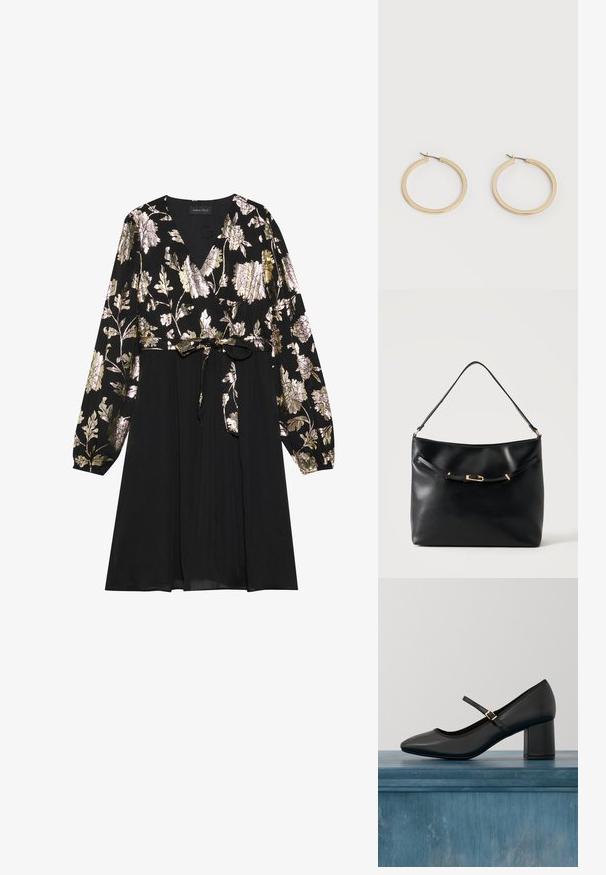 Schwarzes Kleid mit langen Ärmeln, das mit goldener und silberner floralem Stickerei auf der Oberseite verziert ist. Mit einem glatten Stoffrock, der an der Taille gebunden ist.; Schwarze Mary-Jane-Schuhe mit Blockabsatz und goldener Schnallenriemen, die über einem glatten Betonboden in einer minimalistischen Innenanordnung schwebt.; Schwarze Leder-Schultertasche mit einem einzelnen Riemen und einer kleinen goldenen Schnalle vorne vor einem schlichten hellen Hintergrund.; Paar mittelgroße, glatte Creolen in Goldton mit Scharnier-Verschlüssen auf einem einfarbigen hellen Hintergrund.