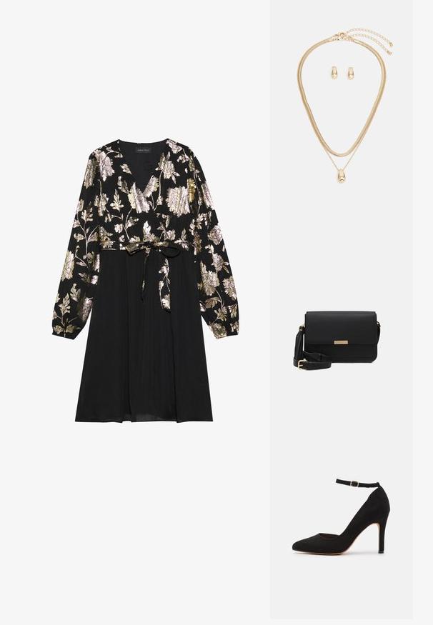 Schwarzes Kleid mit langen Ärmeln, das mit goldener und silberner floralem Stickerei auf der Oberseite verziert ist. Mit einem glatten Stoffrock, der an der Taille gebunden ist.; Schwarzer Wildleder-High-Heel-Schuh mit spitzem Zehenbereich und Knöchelriemen. Ausgestattet mit einer goldfarbenen Schnalle und einem schlanken, konisch zulaufenden Absatz.; Schwarze Leder-Crossbody-Tasche mit Klappenverschluss, goldenen Beschlägen, verstellbarem Tragegurt und strukturiertem Material. Kompakte, rechteckige Form.; Goldschmuckset mit einer mehrschichtigen Halskette und einem Tropfenanhänger sowie passenden Ohrsteckern, alles in einem polierten Finish.
