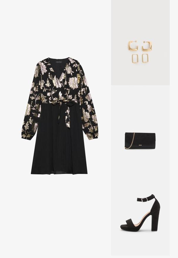 Čierne šaty s dlhými rukávmi, so zlatou a striebornou kvetinovou výšivkou na vrchnáku. Viazanie v páse s hladkou sukňou.; Anna Field by Zalando Sandále - black; Čierna spojka zamszová kabelka s štruktúrovaným povrchom, vybavená zlatým reťazovým ramienkom a štýlovým, ostrým dizajnom.; Dva páry zlatých geometrických kruhových náušníc na jednoliatej bielej ploche, jeden pár štvorcový a pevný, druhý pár obdĺžnikový a dutý.