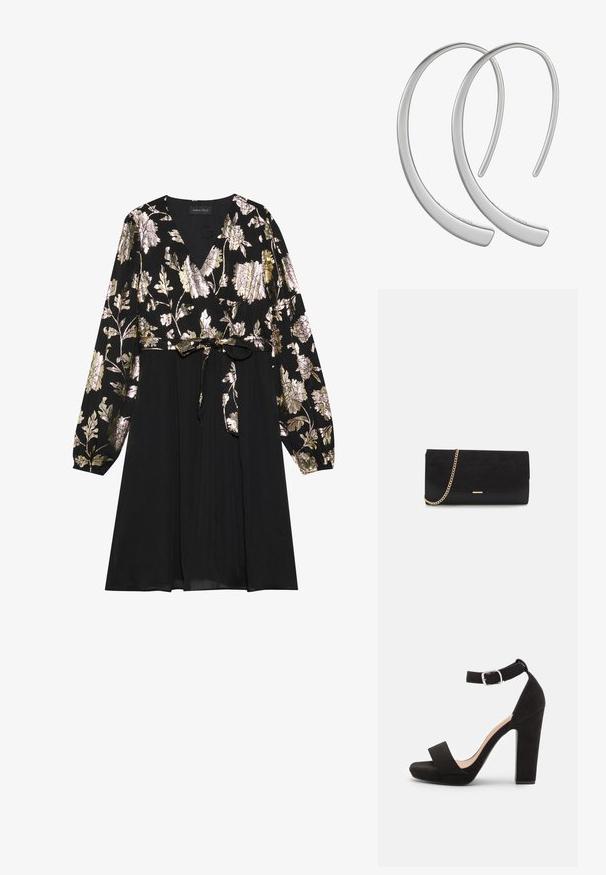 Čierne šaty s dlhými rukávmi, so zlatou a striebornou kvetinovou výšivkou na vrchnáku. Viazanie v páse s hladkou sukňou.; Anna Field by Zalando Sandále - black; Čierna spojka zamszová kabelka s štruktúrovaným povrchom, vybavená zlatým reťazovým ramienkom a štýlovým, ostrým dizajnom.; Strieborné kovové kruhové náušnice s hladkým, lesklým povrchom a zakriveným tvarom polmesiaca, s minimalistickým dizajnom a bez viditeľných vzorov.
