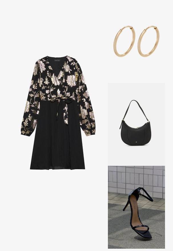 Vestido negro con mangas largas, que presenta bordado floral en oro y plata en la parte superior. Se ata en la cintura con una falda de tela suave.; Sandalia de tacón alto de charol negro con correa en el tobillo, hebilla dorada y punta afilada, colocada en posición vertical sobre una superficie de baldosas y asfalto.; Bolso de mano de cuero negro con forma curva, superficie texturizada, costuras frontales y un logo en tono dorado. Cuenta con una sola correa ajustable.; Pendientes de aro de oro con un acabado suave y pulido. Forma redondeada, tamaño mediano, con un mecanismo de cierre seguro.