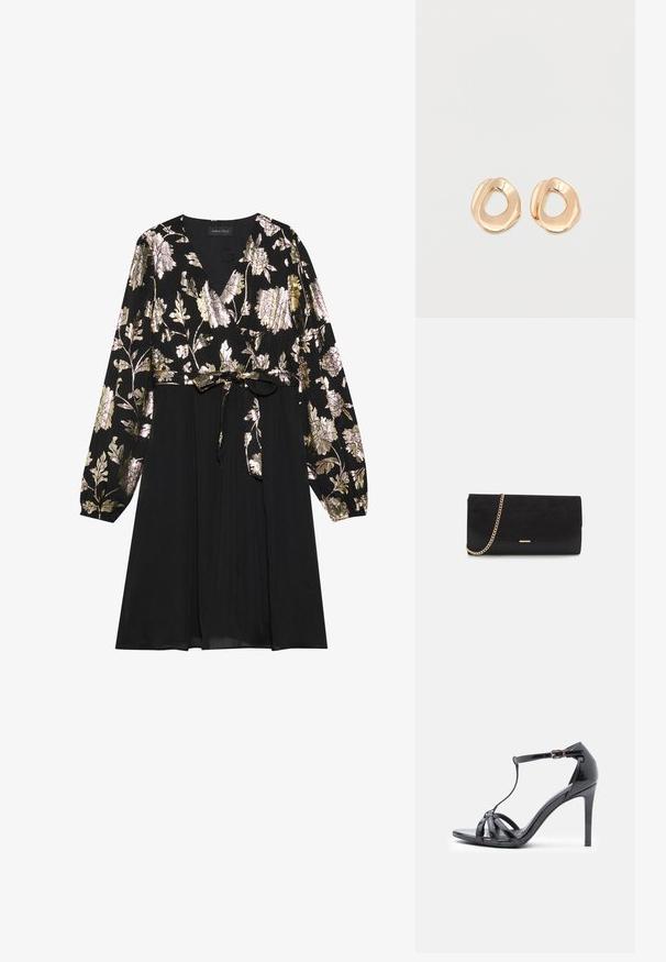 Schwarzes Kleid mit langen Ärmeln, das mit goldener und silberner floralem Stickerei auf der Oberseite verziert ist. Mit einem glatten Stoffrock, der an der Taille gebunden ist.; Schwarze Lackleder-Sandaletten mit hohen Absätzen, dünnen Riemen, T-Bar-Design, Schnallenverschluss und einer eleganten, kurvigen Silhouette.; Schwarze Clutch aus Wildleder mit strukturierter Oberfläche, ausgestattet mit einem goldenen Kettenriemen und einem eleganten, kantigen Design.; Paar unregelmäßig geformter, polierter Creolen aus goldfarbenem Metall mit offenem Zentrum auf weißem Hintergrund.