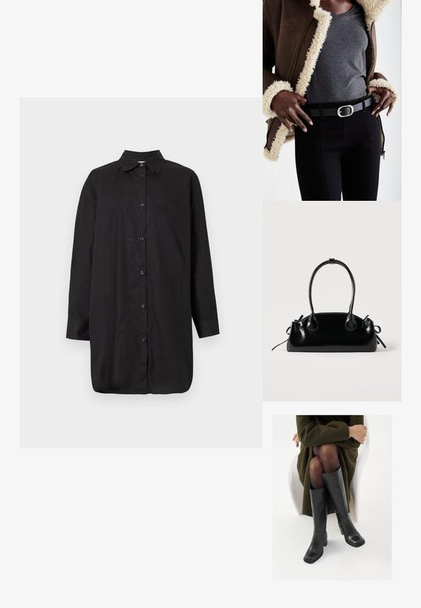 Chemise noire à boutons en tissu lisse, dotée d'un col classique, de manches longues et d'une coupe décontractée avec un ourlet droit.; Bottes en cuir noires arrivant au genou, avec un bout carré et un talon carré, présentées sur un modèle assis dans un manteau vert olive. Texture lisse, détails minimaux.; Petit sac à main noir brillant avec deux longues anses et des détails à cordon sur les côtés sur un fond clair uni.; Veste en peau de mouton brun avec doublure, shirt gris à col en V, ceinture noire avec boucle ovale en argent, jean noir près du corps, matériaux texturés et design superposé.