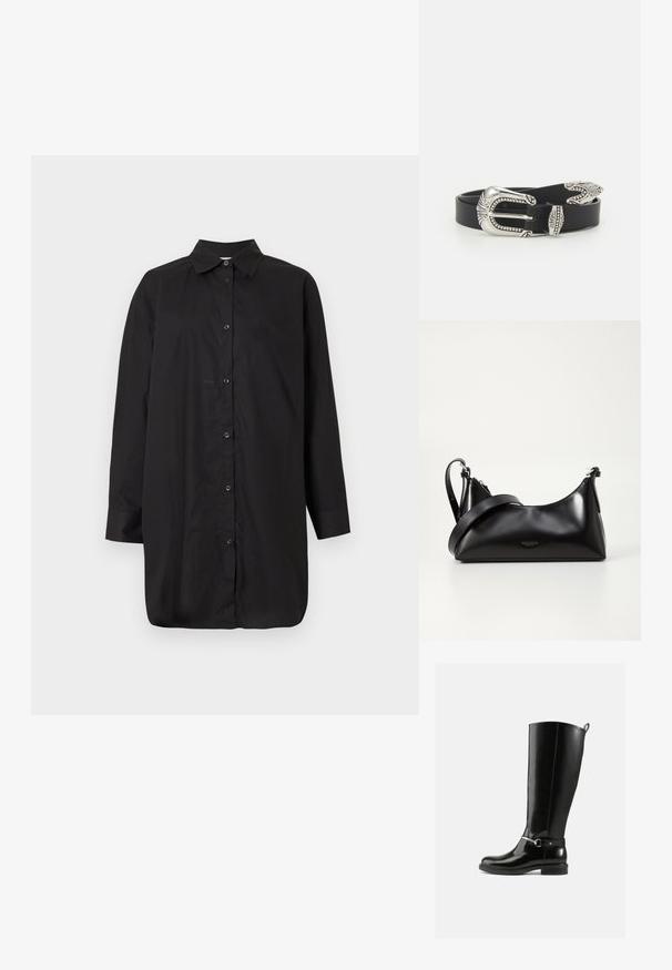 Chemise noire à boutons en tissu lisse, dotée d'un col classique, de manches longues et d'une coupe décontractée avec un ourlet droit.; Bottes noires montantes en cuir verni, avec un détail de boucle argentée à la cheville et une conception à bout arrondi. Semelle plate.; Sac à main en cuir noir avec une texture lisse. Dispose d'une bandoulière adjustable et d'un design élégant et minimaliste avec une fermeture éclair.; Ceinture en cuir noir avec une grande boucle en métal argenté dotée de détails complexes et d'accents décoratifs à chaque extrémité.