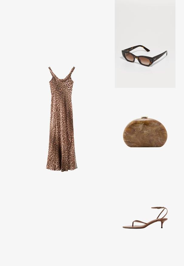 Robe sans manches, longue jusqu'au sol, avec un motif léopard marron et noir et un décolleté arrondi.; Sandale à talons hauts en cuir marron avec fines brides, boucle d'orteil et boucle à la cheville sur un talon kitten.; Lunettes de soleil en écaille de tortue avec un design œil de chat, verres dégradés bruns et accents en métal argenté sur la monture. Matériau plastique brillant.; Pochette ovale marron marbrée avec fermoir doré en haut sur fond blanc.
