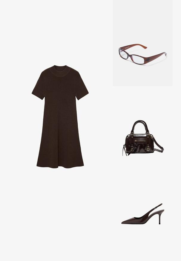 Brun strikket kjole med korte ærmer, en rund halsudskæring og en svungne silhuet. Struktureret stof med et ribbet mønster hele vejen igennem.; Brune patenteret læder slingback hæle med spids tå, slank hæl og justerbar spænde-rem. Glat tekstur og skinnende finish.; Brune-farvede rektangulære briller med en glat overflade, der har slanke arme og gennemsigtige linser. Logoet er synligt på venstre temple.; Brun lakeret håndtaske med dobbelte håndtag, aftagelig skulderrem, frontlomme med lynlås og hardware i guld-tone.