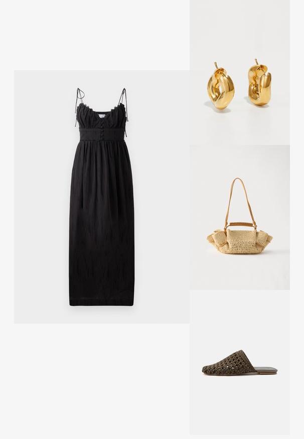 Vestido maxi negro con finas tirantes ajustables, escote con volantes y detalles de botones en la cintura. Hecho de una tela ligera con una textura sutil.; Mule marrón tejido tipo slip-on con suela plana y puntera cerrada y redondeada sobre fondo blanco.; Bolso tejido beige con una correa larga y delgada y lados fruncidos, con un asa corta envuelta en cuero para opciones de transporte.; Pendientes de aro grueso en oro con un diseño tubular ligeramente retorcido y cierre de presión, sobre un fondo blanco.