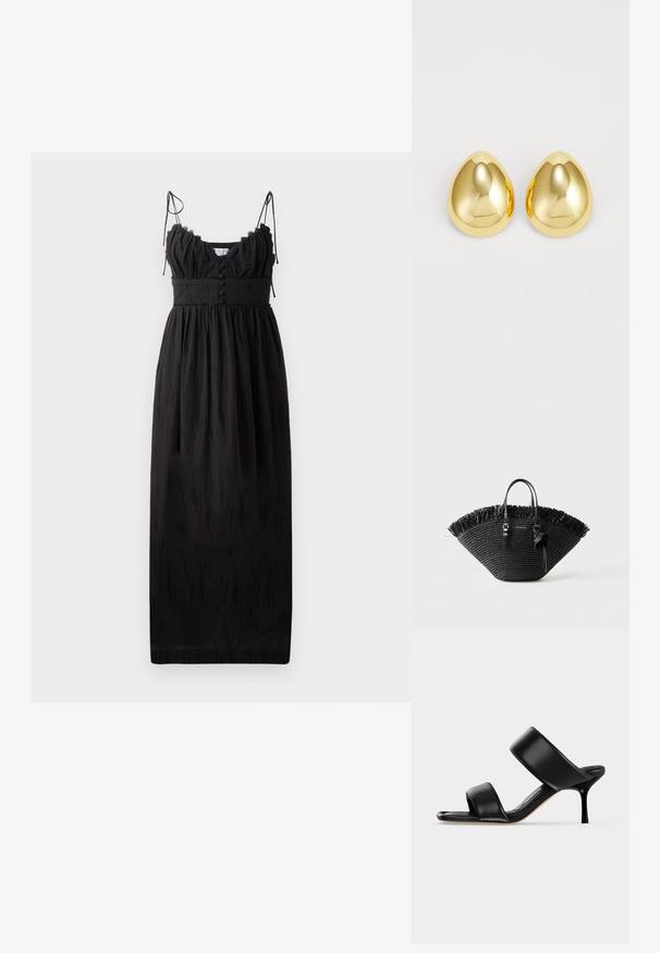 Vestido maxi negro con finas tirantes ajustables, escote con volantes y detalles de botones en la cintura. Hecho de una tela ligera con una textura sutil.; Sandalia mule de cuero negro con dos tiras anchas y un tacón de aguja delgado de altura media sobre un fondo claro y sencillo.; Bolso tote tejido negro con forma amplia de abanico, borde superior con flecos, dos asas y un lazo decorativo en una de las asas.; Pendientes de studs de color dorado con una superficie lisa y pulida en forma de lágrima, que reflejan la luz para un acabado brillante.