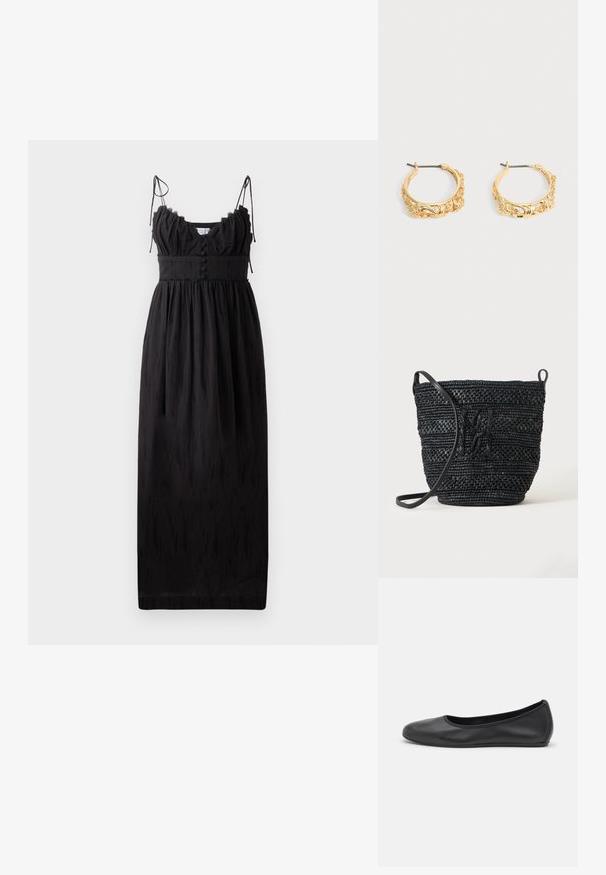 Robe maxi noire avec des fines bretelles réglables, un décolleté froncé et des détails de boutons à la taille. Fabriquée en tissu léger avec une texture subtile.; Ballerines en cuir noir avec un bout rond, texture lisse, détails de couture minimalistes et design de semelle flexible.; Sac seau noir tissé avec une longue bandoulière et un détail de motif texturé sur un fond uni.; Paire de boucles d’oreilles créoles couleur or avec embossage floral et feuillage orné sur un fond neutre.