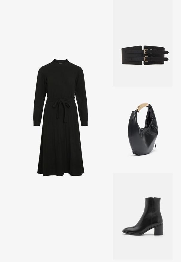 Schwarzes Strickkleid mit hohem Halsausschnitt, langen Ärmeln und einem Bindegürtel in der Taille, das einen ausgestellt Rock und eine gerippte Textur aufweist.; Schwarze Lederstiefelette mit abgerundetem Zehenbereich, mittelhohem Blockabsatz und glatter Oberfläche. Verfügt über einen dezenten seitlichen Reißverschluss.; Schwarze Handtasche aus Kunstleder mit geschwungener Silhouette. Verfügt über einen glänzenden Griff in goldfarbener Metalloptik und geraffte Textur entlang der oberen Öffnung.; Der schwarze Kunstleder-Taillengürtel verfügt über zwei verstellbare Riemen mit goldfarbenen Schnallen, hat eine glatte Textur und ein breites Design, das an den Rändern schmaler wird.