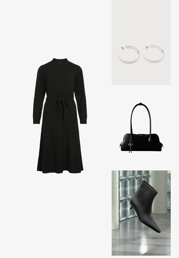 Schwarzes Strickkleid mit hohem Halsausschnitt, langen Ärmeln und einem Bindegürtel in der Taille, das einen ausgestellt Rock und eine gerippte Textur aufweist.; Schwarzer Leder-Knöchelstiefel mit spitzer Spitze und kleinem Absatz vor einer Wand aus Glasbausteinen und einem polierten Boden.; Schwarze Lederhandtasche von Calvin Klein mit langen Henkeln, einem vorderen Logo-Tag und einem silbernen geometrischen Anhänger, der an einem Henkel hängt.; Ohrstecker in Silberoptik, halbkreisförmig mit geriffelter Textur und Steckverschlüssen, auf weißem Hintergrund.