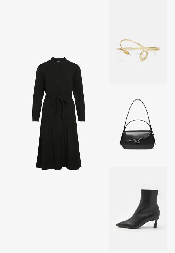 Zwarte gebreide jurk met een hoge halslijn, lange mouwen en een strikceintuur in de taille, met een uitlopende rok en ribbelstructuur.; Steve Madden LULAH - Enkelkaarsjes - black; Zwarte leren schoudertas met een gebogen klep die is bevestigd met een ronde metalen sluiting en een smalle, verstelbare band.; Gouden metalen armband met een vloeiende, kromme vormgeving. Bevat een kleine, opvallende, zilvergekleurde accent aan één uiteinde.