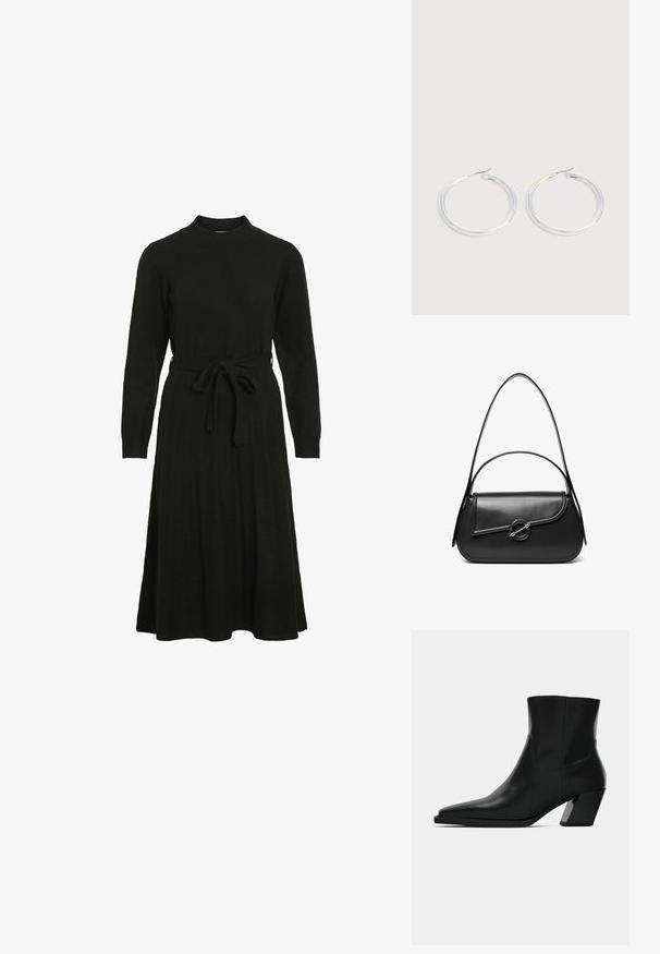 Robe noire en tricot avec un col haut, des manches longues et une ceinture à nouer à la taille, dotée d'une jupe évasée et d'une texture côtelée.; Bottine en cuir noir avec un bout pointu, une silhouette élégante et un talon carré massif. Texture lisse avec des détails de couture minimalistes.; Sac à bandoulière en cuir noir avec un rabat incurvé fermé par un fermoir métallique rond et une sangle fine et ajustable.; Paire de boucles d'oreilles créoles argentées brillantes avec fermoirs en fil fin, présentée sur un fond gris clair.