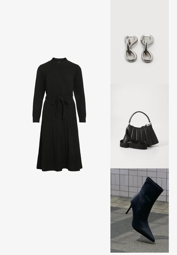 Robe noire en tricot avec un col haut, des manches longues et une ceinture à nouer à la taille, dotée d'une jupe évasée et d'une texture côtelée.; Bottine en cuir noir à bout pointu et talon haut stilettos sur un trottoir carrelé et un sol en asphalte en arrière-plan.; Sac à main plissé noir avec une poignée arrondie, une bandoulière réglable et une texture brillante. Présente des accessoires en argent et une silhouette structurée.; Paire de boucles d'oreilles en métal argenté avec un motif abstrait d'anneaux entrelacés sur fond blanc.