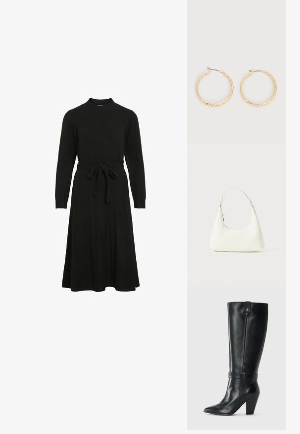 Schwarzes Strickkleid mit hohem Halsausschnitt, langen Ärmeln und einem Bindegürtel in der Taille, das einen ausgestellt Rock und eine gerippte Textur aufweist.; Schwarze Lederstiefelette bis zur Wade mit spitzer Zehe, Blockabsatz, dekorativem Riemen um den Knöchel und kleinem Metalllogo nahe der oberen Kante.; Kleine weiße Schultertasche mit einem verstellbaren Tragegurt und einem Reißverschluss, vor einem schlichten weißen Hintergrund.; Paar goldfarbene, strukturierte Creolen mit dünnen Stegen vor weißem Hintergrund.