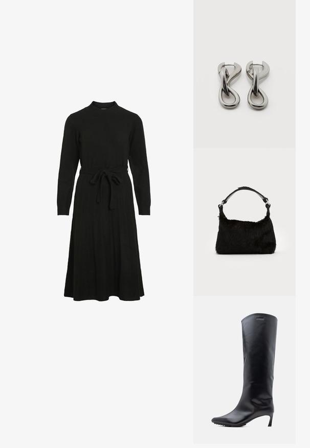 Robe noire en tricot avec un col haut, des manches longues et une ceinture à nouer à la taille, dotée d'une jupe évasée et d'une texture côtelée.; Botte en cuir noire montant jusqu'au genou avec un bout pointu et un talon haut et mince. Texture lisse avec un minimum de métal et le logo de la marque près du haut.; Sac à main en fausse fourrure noire avec une texture douce, une forme arrondie et une bandoulière en cuir noir robuste. Accent en métal argenté visible.; Paire de boucles d'oreilles en métal argenté avec un motif abstrait d'anneaux entrelacés sur fond blanc.