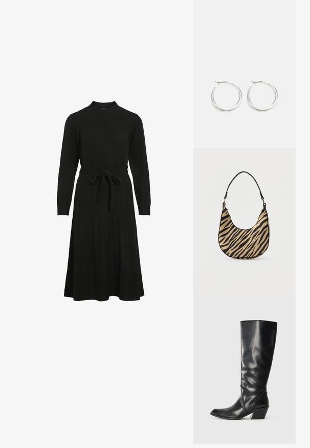 Schwarzes Strickkleid mit hohem Halsausschnitt, langen Ärmeln und einem Bindegürtel in der Taille, das einen ausgestellt Rock und eine gerippte Textur aufweist.; Schwarze Leder-Stiefel bis zum Knie mit spitzem Zeh, angularer Ferse und glatter Textur. Verfügt über einen dezenten gesteppten Akzent an der Seite.; Beige- und schwarze Zebrastreifen-Tasche mit gebogenem Boden und einem schwarzen Tragegriff, fotografiert vor einem schlichten weißen Hintergrund.; Silberne Creolen zeichnen sich durch ein glattes, rundes Design mit einem schlanken Profil und einem sicheren Verschluss aus. Minimalistischer Stil mit glänzender Oberfläche.