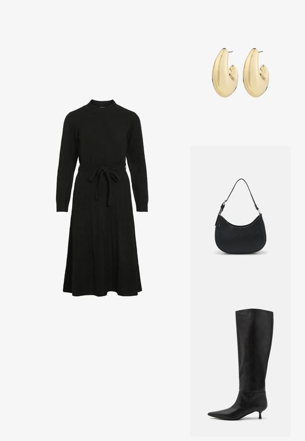 Schwarzes Strickkleid mit hohem Halsausschnitt, langen Ärmeln und einem Bindegürtel in der Taille, das einen ausgestellt Rock und eine gerippte Textur aufweist.; Knöchelhohe schwarze Lederstiefel mit einer spitz zulaufenden Zehenpartie und einem Kitten-Heel. Glatte Textur und minimalistisches Design ohne sichtbare Beschläge oder Akzente.; Schwarze Hobo-Tasche aus glattem Leder mit einer geschwungenen Silhouette, ausgestattet mit einem einzelnen verstellbaren Trageriemen und minimalistischem Design.; Goldfarbene Ohrringe mit einer glatten, abgerundeten Form, einem polierten Finish und einem Stiftverschluss für sicheren Tragekomfort.