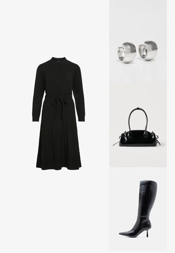 Schwarzes Strickkleid mit hohem Halsausschnitt, langen Ärmeln und einem Bindegürtel in der Taille, das einen ausgestellt Rock und eine gerippte Textur aufweist.; Schwarze kniehohe Stiletto-Stiefel mit glänzender Lederoberfläche, spitzem Zeh und schlankem, konisch zulaufendem Absatz, die eine glatte Oberfläche und ein elegantes Design aufweisen.; Kleine schwarze glänzende Handtasche mit zwei langen Griffen und seitlichen Kordelzug-Details vor einfachem hellem Hintergrund.; Uncommon Matters SCULPTURAL LARGE CREOLE - Ohrringe - silver-coloured