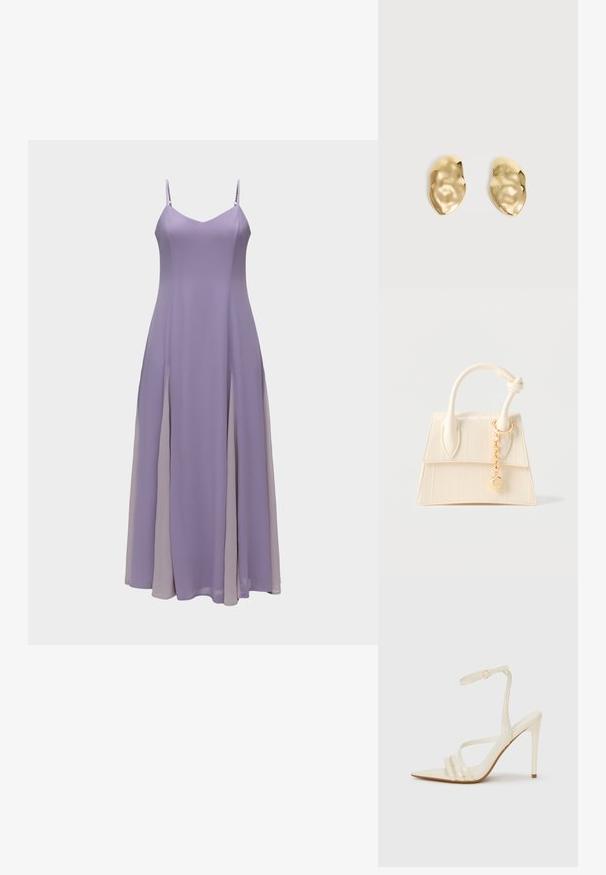 Robe maxi lavande sans manches avec fines bretelles réglables et jupe fluide et superposée avec des détails sur les panneaux latéraux.; Sandales à talons hauts beiges avec un bout pointu, comportant trois brides à l'avant et une fine bride à la cheville avec une boucle. Texture lisse, design minimaliste.; Petit sac à main couleur crème avec une poignée supérieure, un détail noué et un pendentif chaîne en or sur un fond clair uni.; Paire de boucles d'oreilles en métal doré brillant, de forme irrégulière, avec une surface froissée et lisse sur un fond clair uni.