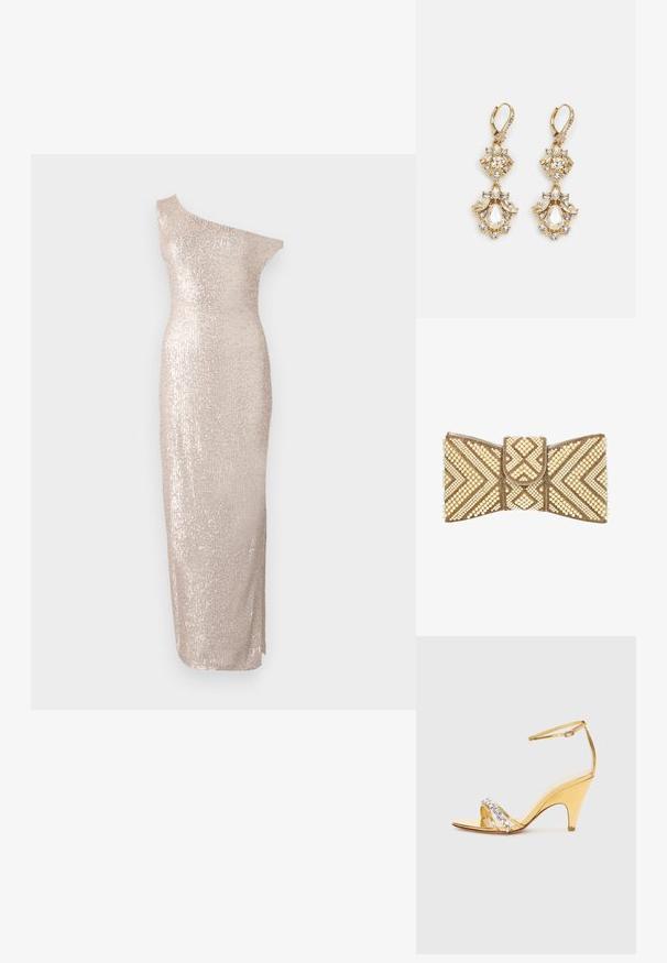 Knie-lange, one-shoulder jurk in lichtbeige met een getailleerd silhouet, voorzien van een paillettenstructuur en een slanke, rechte ontwerp.; Gouden sandalen met hakken en een gestructureerd ontwerp, met een band versierd met steentjes. Open teen, verstelbare enkelriem en een taps toelopende hak.; Clutch tas in de vorm van een strik, versierd met gouden kralen en crèmekleurige parels in geometrische patronen op een witte achtergrond.; Gouden hangoorbellen met een clusterontwerp, versierd met ronde en druppelvormige heldere kristallen, die zich kenmerken door ingewikkelde details.