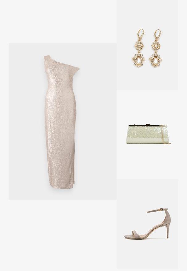 Vestido de longitud hasta la rodilla, de un solo hombro, en color beige claro con una silueta ajustada, que presenta una textura de lentejuelas y un diseño recto y elegante.; Sandalia de tacón alto con punta abierta en un rosa dorado metálico. Presenta una Delgada correa en el tobillo con un acento de hebilla dorada y un acabado texturizado.; Bolso de mano con lentejuelas blancas relucientes, estructura metálica en tono dorado y una correa de cadena colgada a un lado, sobre un fondo blanco.; Pendientes colgantes en tono dorado con un diseño de racimo que incluye cristales claros en forma redonda y de lágrima, mostrando un detallado intrincado.