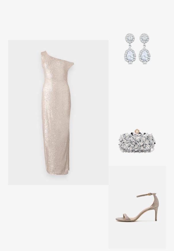 Knie-lange, one-shoulder jurk in lichtbeige met een getailleerd silhouet, voorzien van een paillettenstructuur en een slanke, rechte ontwerp.; Open-toe hoge hak sandaal in metallic roségoud. Beschikt over een dunne enkelband met een gouden gesp accent en een gestructureerde afwerking.; Rechthoekige zilveren clutch versierd met gelaagde metalen bloemen en kleine pareltjes, met een grote parelsluiting bovenop.; Zilverkleurige oorbellen met een ronde studs met een pavé zetting, en een peervormige hanger omringd door kleinere stenen, wat een sprankelend effect benadrukt.
