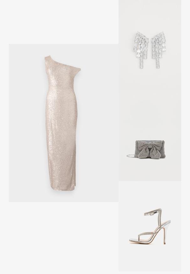Knælang, one-shoulder kjole i lys beige med en tætsiddende silhuet, der har en paillet-tekstur og et strømlinet, lige design.; RAID RORY - Højhælede sandaletter / Højhælede sandaler - silver; Glitrende grå håndtaske med en tekstureret overflade, der har en stor sløjfe-accent på forsiden og en kædrem. Kompakt rektangulær form.; Klare krystaløreringe med et forlænget design, der har rektangulære og firkantede sten, der falder i en vifteform. Skinner med en glitrende overfladetextur.