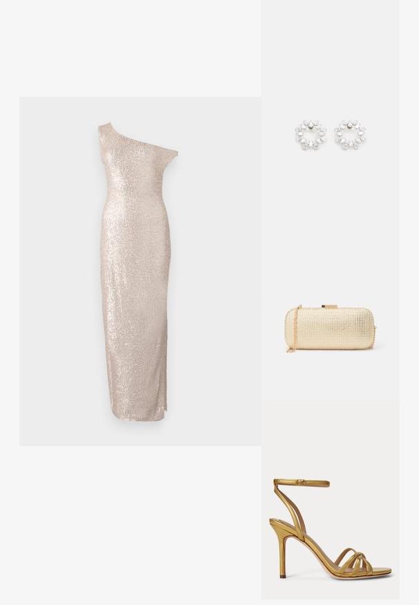 Robe à une épaule, arrivant au genou, de couleur beige clair avec une silhouette ajustée, présentant une texture pailletée et un design lisse et droit.; Sandale à talon haut dorée avec une fine bride à la cheville et trois lanières à l’avant sur les orteils sur un fond uni.; Pochette en or métallique avec surface texturée, présentant une forme cylindrique, une chaîne en bandoulière et un fermoir.; Boucles d'oreilles circulaires en métal, ornées de plusieurs pierres transparentes et facettées disposées dans un motif étincelant. Incolores et réfléchissantes.