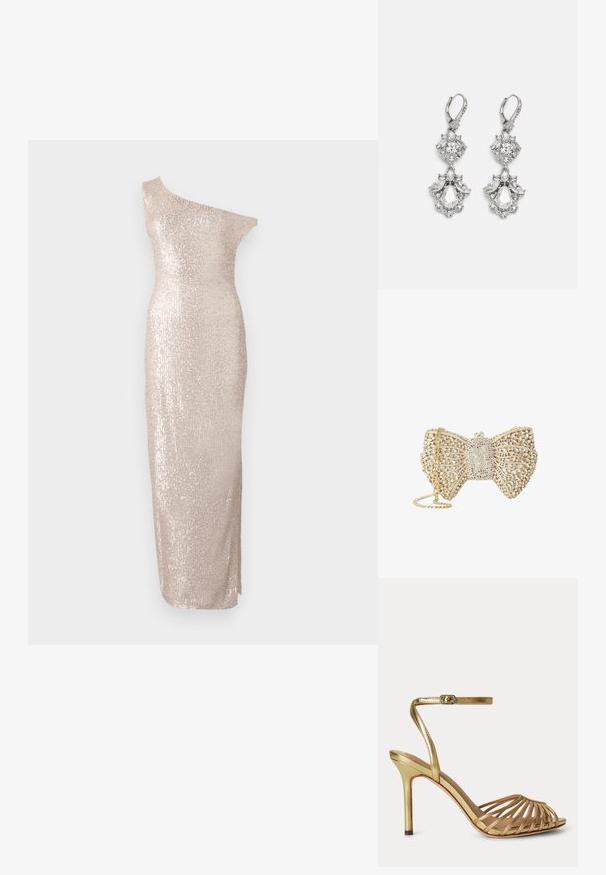 Vestido de longitud hasta la rodilla, de un solo hombro, en color beige claro con una silueta ajustada, que presenta una textura de lentejuelas y un diseño recto y elegante.; Sandalia dorada de tacón alto con tiras finas, puntera abierta y correa ajustable en el tobillo con una pequeña hebilla.; Clutch en forma de lazo en tono dorado cubierta de cristales transparentes, con un diseño de celosía intrincado y correa de cadena dorada.; Pendientes de tono plateado que presentan múltiples piedras de cristal transparente en formas de lágrima y marquesa, con cierres de palanca y un detallado intrincado.