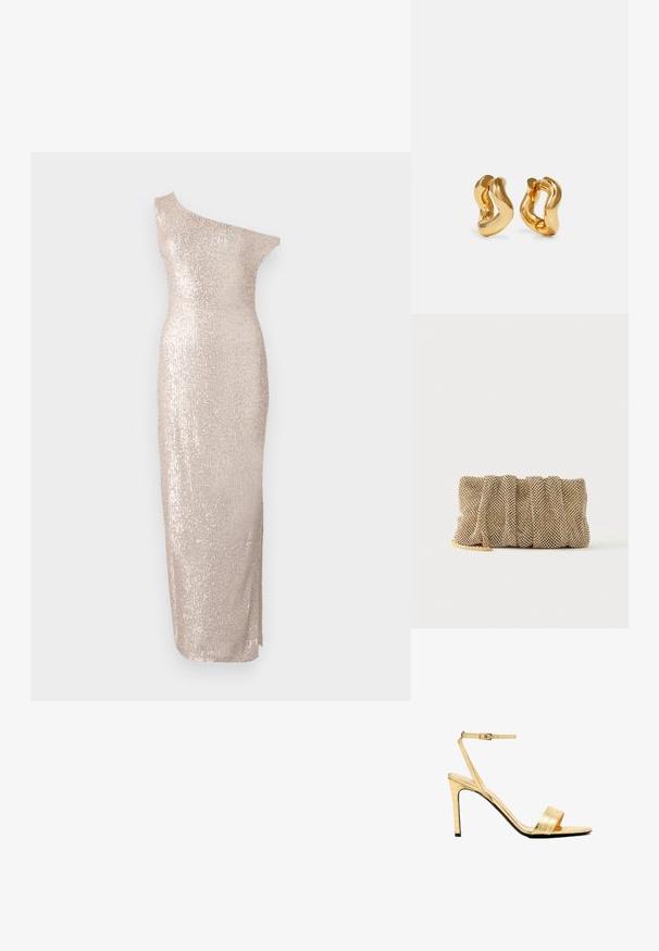Knælang, one-shoulder kjole i lys beige med en tætsiddende silhuet, der har en paillet-tekstur og et strømlinet, lige design.; Guld, faux-krokodilleder højhælede sandaler med ankelrem, åben tå, slank stiletto hæl og en glat, blank finish.; Lille gylden mesh clutch taske med et rynket design og en delvist synlig guldkæde på en ensfarvet hvid baggrund.; Guldtonede hoops øreringe med et bølget design, der har en glat, blank overflade og en strømlinet form. Ingen synlige spænder.