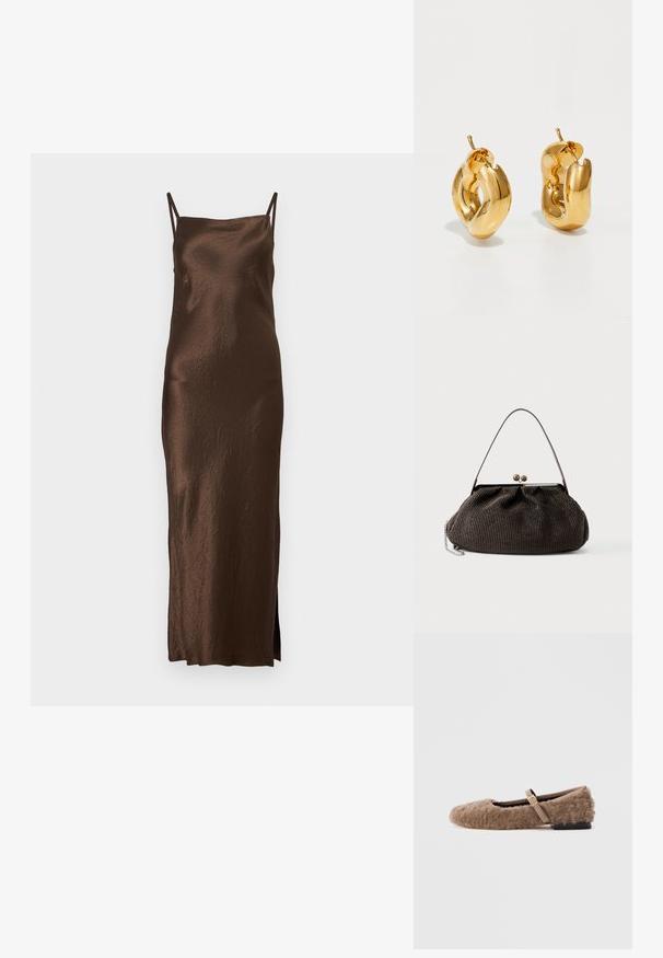 Brun satin maxi kjole med tynde justerbare stropper, en tætsiddende silhuet og en sideslids; har en krøllet tekstur for ekstra dimension.; Brun, fuzzy flad sko med en Mary Jane rem og detalje med guldspænde. Blød tekstur, firkantet tå og lav blokhælfod. Glat indvendig foring.; Lille mørkebrun håndtaske med tekstur, kort rem, metalramme og lukning med spænde, hvilende på en ensfarvet lys baggrund.; Chunky guld hoop øreringe med et let snoet, rørformet design og postsystem bagpå, på en hvid baggrund.