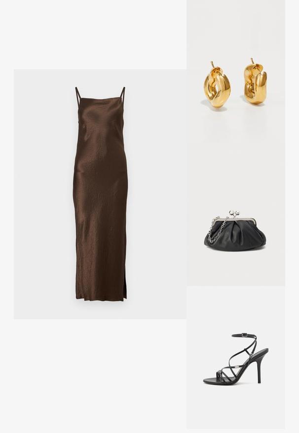 Robe maxi en satin marron avec des bretelles fines réglables, une silhouette ajustée et une fente latérale ; arbore une texture froissée pour plus de dimension.; Sandale noire à talons hauts avec des brides fines, une boucle à la cheville, une surface en cuir lisse et un talon aiguille élancé.; Porte-monnaie en cuir noir avec texture froncée, cadre en métal argenté, fermeture à verrouillage kiss-lock et bandoulière en chaîne. Surface lisse et douce.; Boucles d'oreilles créoles en or massif avec un design tubulaire légèrement tordu et des fermoirs à tige sur un fond blanc.