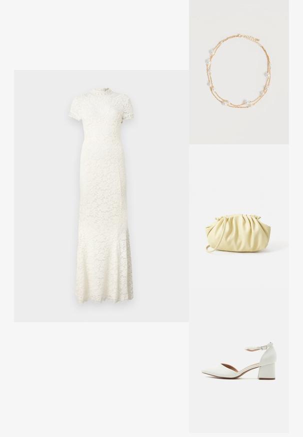 Vestido de encaje en marfil, con mangas cortas, un escote alto y patrones florales intrincados. Dobladillo acampanado con bordes en forma de ondas.; Zapato blanco con tacón bajo tipo bloque, puntera en punta y correa en el tobillo con pequeños adornos similares a perlas.; Bolso amarillo plisado hecho de cuero sintético suave, con una forma blanda y una sola correa para el hombro, además de un diseño de parte superior recogida.; Delicado collar de cadena dorada de doble capa con pequeñas perlas blancas espaciadas uniformemente sobre un fondo claro y liso.