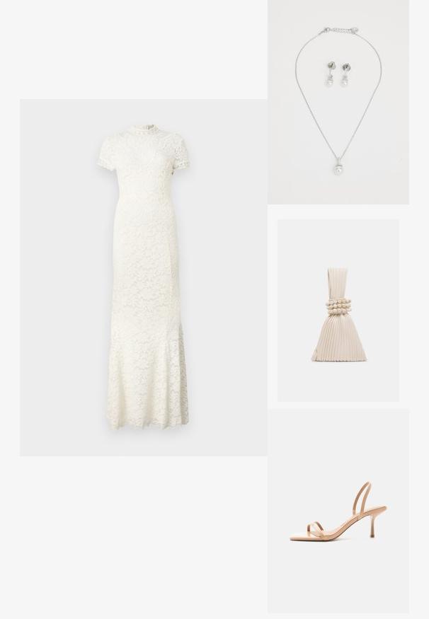 Spitzenkleid in Elfenbein, mit kurzen Ärmeln, hohem Halsausschnitt und aufwendigen floralen Mustern. Ausgestellter Saum mit gewellten Kanten.; Beige hochhackige Sandale mit dünnen Riemen über den Zehen und um die Ferse, mit quadratischer Spitze und schmalem Stilettoabsatz vor weißem Hintergrund.; Kleine beigen Faltentasche mit einem verknoteten Griff und drei runden Perlenarmbändern, die um die Mitte gewickelt sind.; Silberne Halskette mit einem Perlenanhänger und passenden Ohrsteckern. Verfügt über glänzende Glieder und diamantähnliche Akzente über den Perlen.