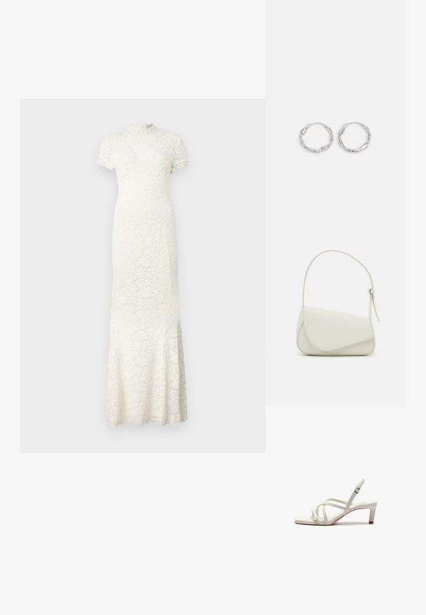Spidkjole i elfenben med korte ærmer, høj halsudskæring og intrikate blomster mønstre. Udflydende kant med bølgede kanter.; Zign by Zalando Pumps - off white; Hvid taske i faux læder med en struktureret trekantet form, enkelt justerbart skulderstrop og en flaplås med kurver.; Sølv hoops med en bølget, uregelmæssig tekstur. Har en tynd, cirkulær form og en reflekterende finish.