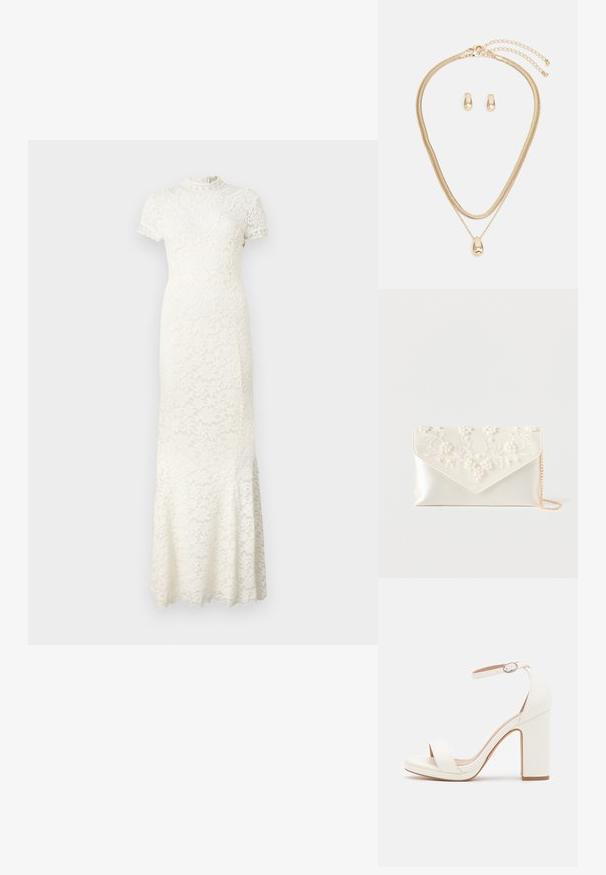 Spitzenkleid in Elfenbein, mit kurzen Ärmeln, hohem Halsausschnitt und aufwendigen floralen Mustern. Ausgestellter Saum mit gewellten Kanten.; Weiße High-Heel-Sandale mit Knöchelriemen, minimalistisches Design, offene Zehen, Blockabsatz und glattes Lederfinish.; Cremefarbige Satin-Clutch mit Perlen- und Blumenstickerei auf der Klappe und einem dünnen goldenen Kettenriemen vor weißem Hintergrund.; Goldschmuckset mit einer mehrschichtigen Halskette und einem Tropfenanhänger sowie passenden Ohrsteckern, alles in einem polierten Finish.