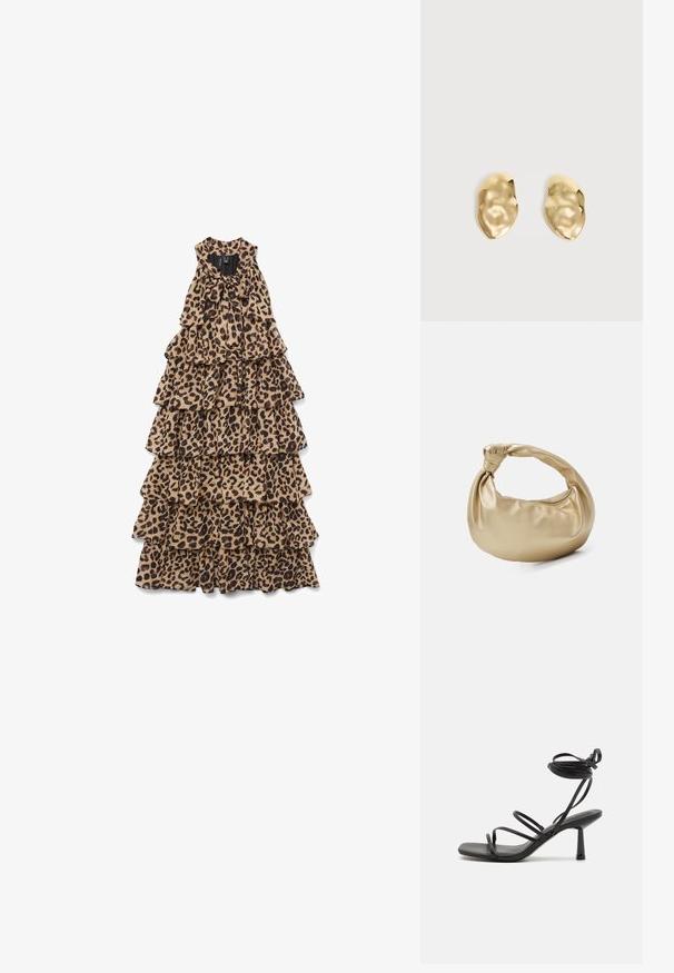 Ærmeløs maxi-kjole i lag med leopardmønster og en sløjfe bundet ved halsudskæringen, lagt fladt på en hvid baggrund.; Sort strappy sandal med firkantet tå, justerbare ankelbind og en slank, blokhæl. Fremstillet af et glat, holdbart materiale.; Guldmetal taske med en glat, shiny overflade. Har et knyttet håndtag og en rund, blød form. Lynlåslukning langs toppen.; Par skinnende, ujævnt formede øreringe af guldmetal med en krøllet, glat overflade på en ensartet lys baggrund.