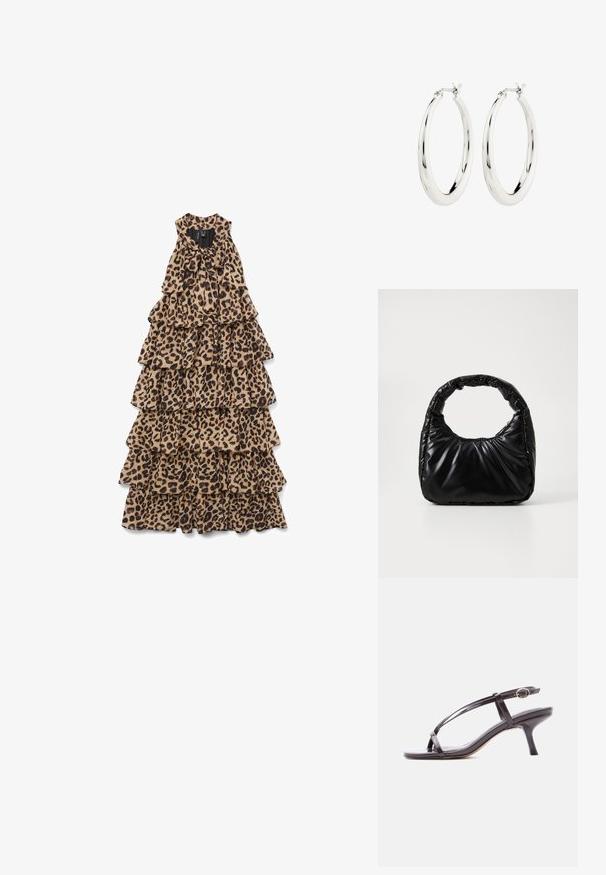 Vestido largo sin mangas con capas y estampado de leopardo, con un lazo atado en el escote, colocado sobre un fondo blanco.; Sandalia de piel negra charol con tacón bajo, tiras finas cruzadas y una pequeña hebilla dorada en la correa del tobillo.; Bolso negro acolchado con un asa redondeada, que presenta una superficie lisa y brillante y una textura suave y acolchada. Sin herrajes ni acentos visibles.; Pendientes de aro de plata con un acabado suave y brillante. Forma circular, con un cierre seguro. Diseño sencillo y elegante.