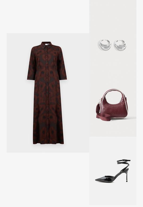 Robe longue à boutons avec un motif floral abstrait marron foncé et noir, manches longues et col pointu.; Escarpin à talon aiguille en cuir verni noir, bout pointu, fines lanières à la cheville et petite boucle.; Sac à main en cuir tressé marron foncé avec poignée courbée, garniture blanche, fermeture éclair argentée et bandoulière large en tissu amovible sur fond uni.; Paire de boucles d'oreilles anneaux en argent poli avec un design de barre incurvée superposée sur un fond clair uni.