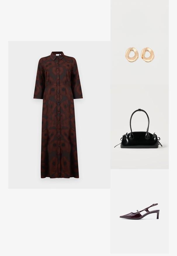Robe longue à boutons avec un motif floral abstrait marron foncé et noir, manches longues et col pointu.; Chaussure slingback en cuir verni bordeaux avec bout pointu, talon bas et double bride à boucle réglable.; Petit sac à main noir brillant avec deux longues anses et des détails à cordon sur les côtés sur un fond clair uni.; Paired boucles d'oreilles en métal doré poli de forme irrégulière avec un centre ouvert sur un fond blanc uni.