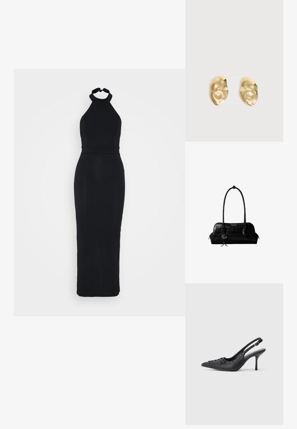 Sort halterneck-kjole med en tætsiddende overdel og en slank, gulvlængde nederdel. Lavet af et glat stof med en diskret glans.; Sorte læder slingback stiletto med spids tå, side spændebånd, nitter langs kanten og dekorativ snøring foran.; Sort skuldertaske i krokodillelæder med lange stropper og lille sølvlogo-charm på den ene strop.; Par skinnende, ujævnt formede øreringe af guldmetal med en krøllet, glat overflade på en ensartet lys baggrund.