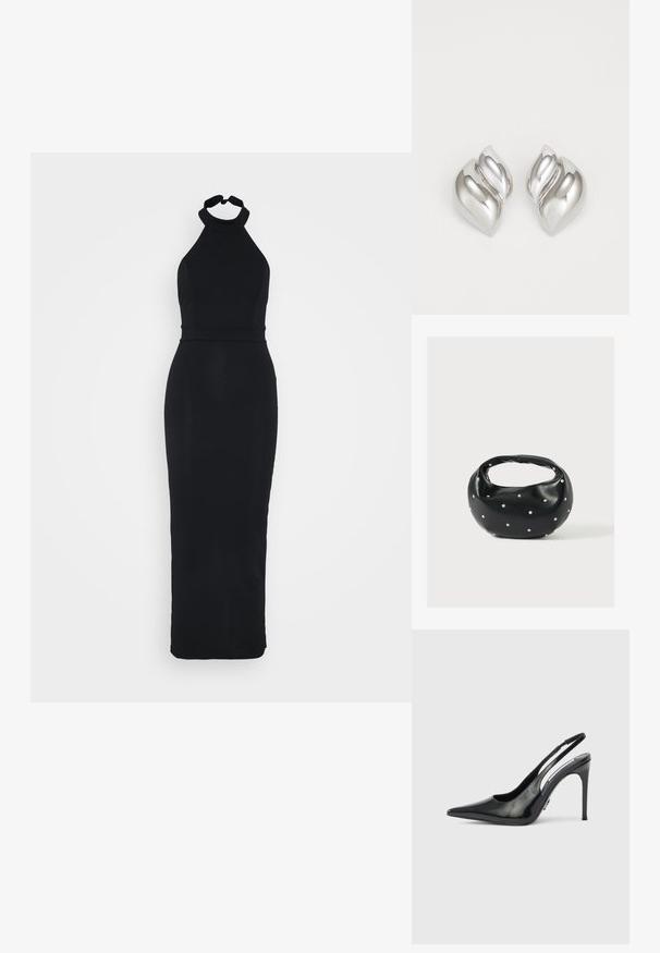 Schwarzes Halfterkleid mit einem figurnahen Oberteil und einem eleganten, bodenlangen Rock. Hergestellt aus einem glatten Stoff mit einem dezenten Glanz.; Schwarzer Slingback-Pumps aus Lackleder mit spitzer Kappe, ausgeschnittenen Seiten und schlankem Absatz. Glänzendes Finish mit minimalen Metallakzenten.; Schwarze Lederhandtasche mit abgerundeter Form, verziert mit silbernen Nietenakzenten und kurzem Griff. Glatte Struktur und Reißverschlussverschluss.; Silberne Ohrringe mit einer organischen, abstrakten Form. Glatte, glänzende Oberfläche mit einem konischen Design. Mit dezenten Kurven und einem zentralen Linienelement.