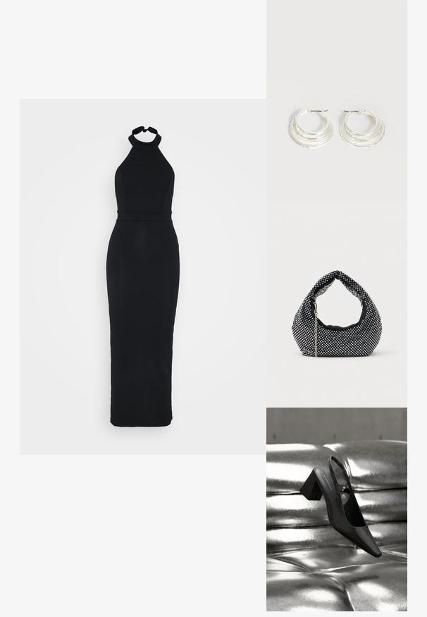Schwarzes Halfterkleid mit einem figurnahen Oberteil und einem eleganten, bodenlangen Rock. Hergestellt aus einem glatten Stoff mit einem dezenten Glanz.; Schwarzer Slingback-Absatz mit spitz zulaufender Spitze, der eine strukturierte Oberfläche und einen massiven Blockabsatz aufweist. Auf einem glänzenden, metallischen Hintergrund platziert.; Schwarze Netz-Handtasche verziert mit silbernen Nieten, mit einem gebogenen Griff und einem Kettenriemen. Weiche Textur mit runder Form.; Silberne Creolen mit drei geschichteten halbkreisförmigen Bändern, eines davon verziert mit kleinen klaren Kristallen auf hellem Hintergrund.