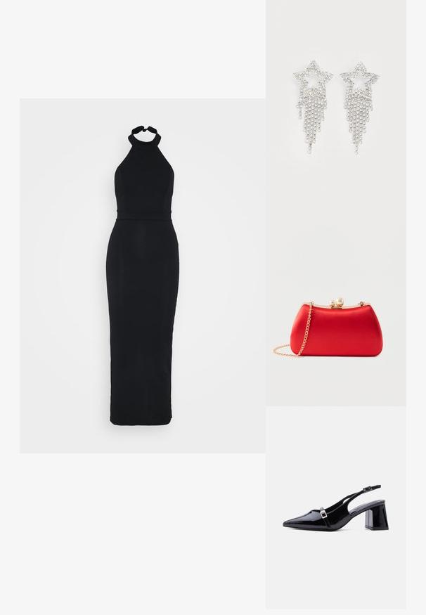 Robe noire à encolure halter avec un corsage ajusté et une jupe longue et élégante. Fabriquée dans un tissu lisse avec un léger éclat.; Escarpin à bride arrière en cuir verni noir, bout pointu, petit talon bloc bas, avec deux petites boucles argentées sur les brides.; Pochette de soirée en satin rouge avec monture en or, fermoir en perle et chaîne dorée sur fond blanc.; Boucles d'oreilles en strass en forme d'étoile avec des détails de franges en cascade, présentant une teinte argentée et une surface brillante et réfléchissante. Forme d'étoile avec un design complexe.