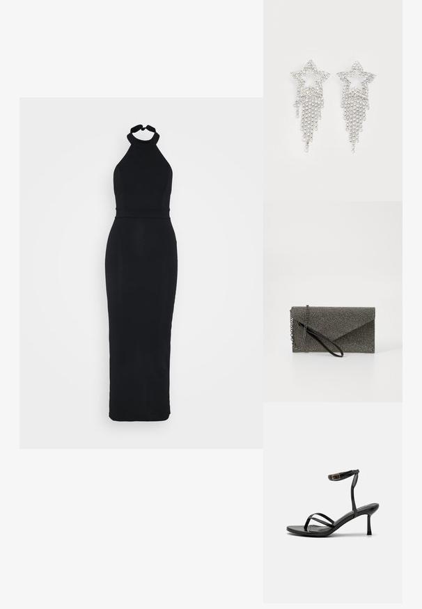 Schwarzes Halfterkleid mit einem figurnahen Oberteil und einem eleganten, bodenlangen Rock. Hergestellt aus einem glatten Stoff mit einem dezenten Glanz.; Schwarze High-Heels-Sandalen mit einem schmalen Riemendesign, glatter Textur, Knöchelverschluss und einer spitzen Fußspitze. Verstellbares Knöchelriemchen.; Metallisch graue Clutch-Tasche mit strukturiertem Mesh-Muster, Kuvert-Design, Kettenriemen und einem eleganten, dünnen Handgelenkriemen.; Glitzernde Sternohrringe mit herabhängendem Fransen-Detail, in silberner Farbe und mit einer glänzenden, reflektierenden Oberfläche. Sternform mit filigranem Design.