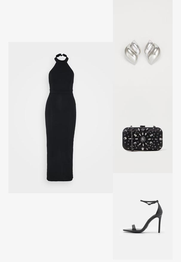 Schwarzes Halfterkleid mit einem figurnahen Oberteil und einem eleganten, bodenlangen Rock. Hergestellt aus einem glatten Stoff mit einem dezenten Glanz.; Schwarze High Heels Sandalen mit offener Zehe, dünnen Riemen und Knöchelverschluss. Glatte Ledertextur mit spitzem Zehendesign.; Schwarze Clutch mit rechteckiger Form, verziert mit verschiedenen Strasssteinen in einem floralen Muster, ausgestattet mit einer silbernen Kette zum Tragen.; Silberne Ohrringe mit einer organischen, abstrakten Form. Glatte, glänzende Oberfläche mit einem konischen Design. Mit dezenten Kurven und einem zentralen Linienelement.