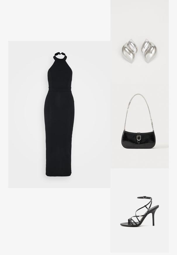 Schwarzes Halfterkleid mit einem figurnahen Oberteil und einem eleganten, bodenlangen Rock. Hergestellt aus einem glatten Stoff mit einem dezenten Glanz.; Schwarze High-Heel-Sandale mit dünnen Riemen, einem Knöchelverschluss, einer glatten Lederoberfläche und einem schlanken Stiletto-Absatz.; Schwarze Schultertasche aus Lackleder mit silberner Schnalle und silbernem Kettenriemen, auf hellem einfarbigen Hintergrund präsentiert.; Silberne Ohrringe mit einer organischen, abstrakten Form. Glatte, glänzende Oberfläche mit einem konischen Design. Mit dezenten Kurven und einem zentralen Linienelement.