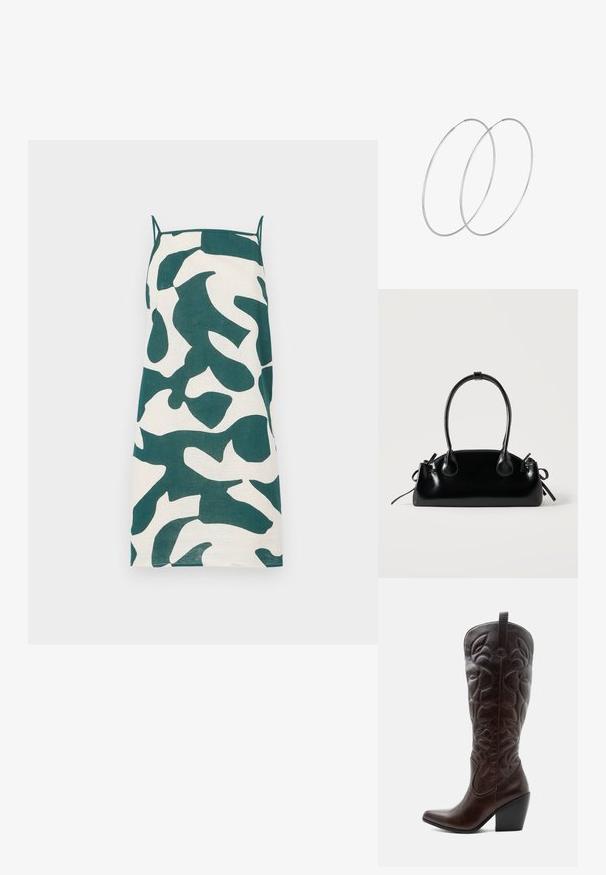 Robe à bretelles spaghetti en crème avec un motif camouflage abstrait vert. Présente une coupe droite et un tissu léger.; Botte de cowboy haute en cuir marron foncé avec motifs décoratifs cousus, bout pointu et talon bloc empilé.; Petit sac à main noir brillant avec deux longues anses et des détails à cordon sur les côtés sur un fond clair uni.; Boucles d'oreilles en argent au design minimaliste. Forme circulaire, texture lisse et profil fin. Légères avec une finition polie.
